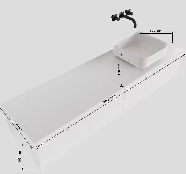 Mondiaz Lagom Binx White badmeubel wit mat 200 cm 2 lades solid surface 1 waskom rechts 1 kraangat