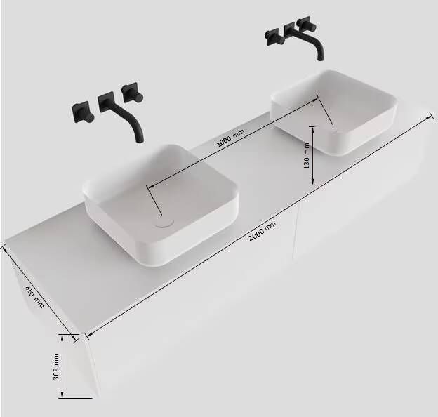 Mondiaz Lagom Binx White badmeubel wit mat 200 cm 2 lades solid surface 2 waskommen beide zijden 2 kraangaten