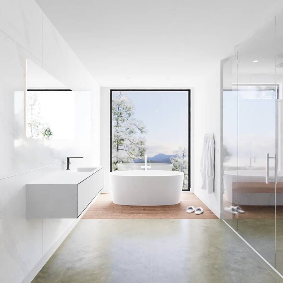 Mondiaz Lagom Cloud Black badmeubel wit mat 140 cm 1 lade solid surface enkele spoelbak rechts 1 kraangat