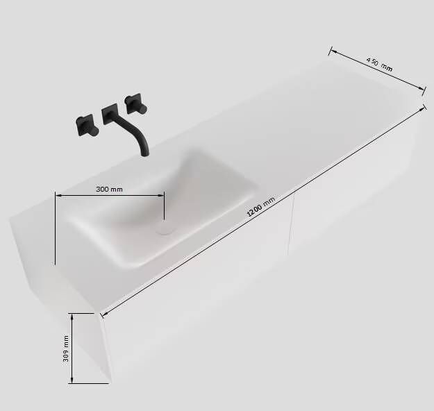 Mondiaz Lagom Cloud White badmeubel wit mat 120 cm 2 lades solid surface enkele spoelbak links 1 kraangat