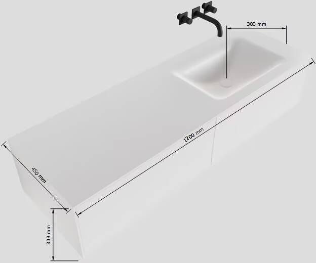 Mondiaz Lagom Cloud White badmeubel wit mat 120 cm 2 lades solid surface enkele spoelbak rechts 1 kraangat