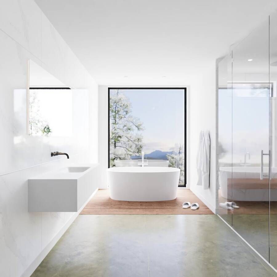 Mondiaz Lagom Cloud White badmeubel wit mat 130 cm 1 lade solid surface enkele spoelbak midden zonder kraangat