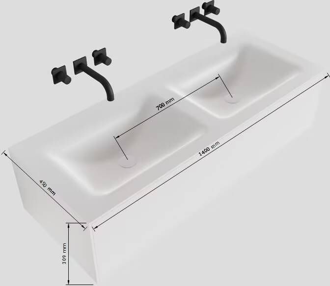 Mondiaz Lagom Cloud White badmeubel wit mat 140 cm 1 lade solid surface dubbele spoelbak 2 kraangaten