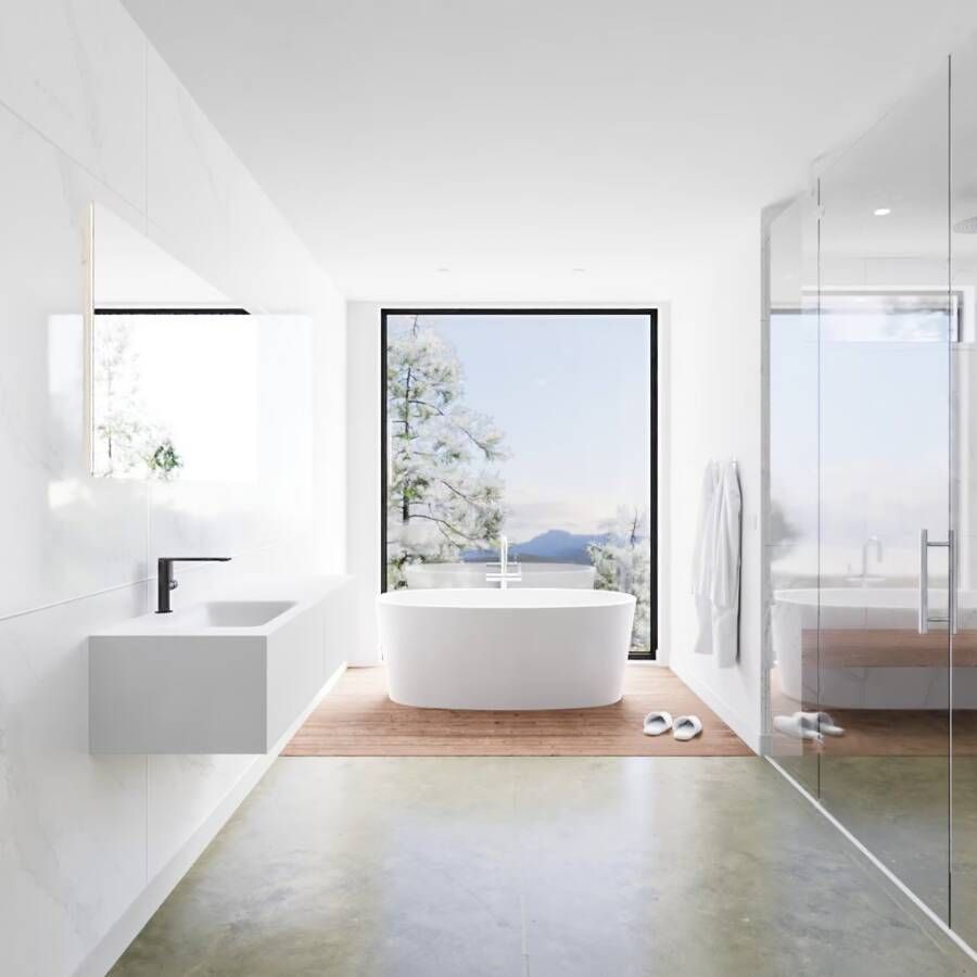 Mondiaz Lagom Cloud White badmeubel wit mat 140 cm 2 lades solid surface enkele spoelbak links 1 kraangat