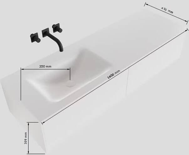 Mondiaz Lagom Cloud White badmeubel wit mat 140 cm 2 lades solid surface enkele spoelbak links 1 kraangat