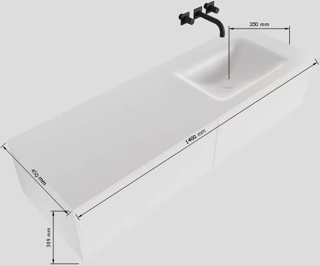 Mondiaz Lagom Cloud White badmeubel wit mat 140 cm 2 lades solid surface enkele spoelbak rechts 1 kraangat