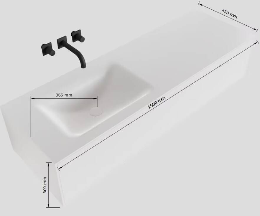 Mondiaz Lagom Cloud White badmeubel wit mat 150 cm 1 lade solid surface enkele spoelbak links 1 kraangat