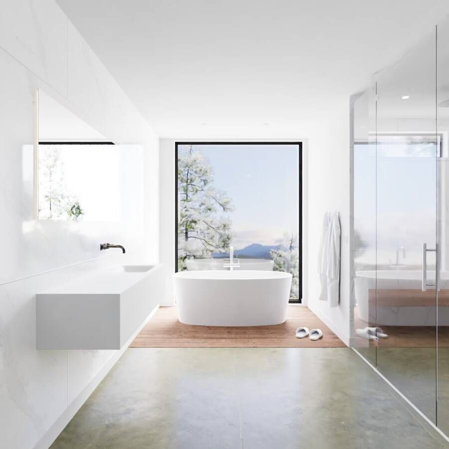 Mondiaz Lagom Cloud White badmeubel wit mat 150 cm 1 lade solid surface enkele spoelbak rechts zonder kraangat