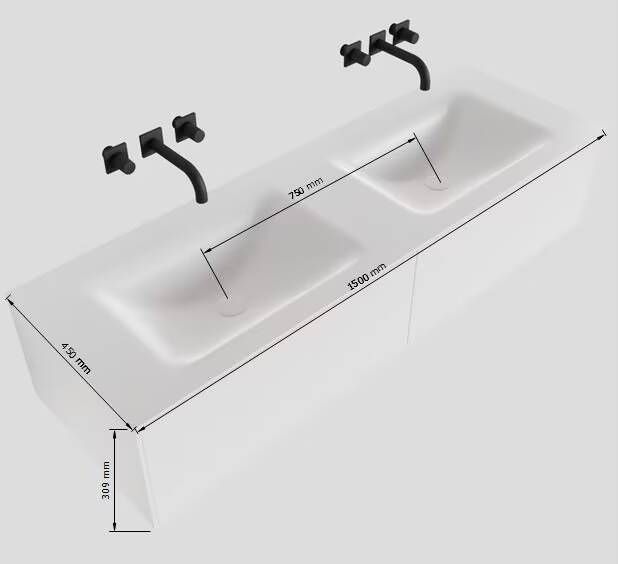 Mondiaz Lagom Cloud White badmeubel wit mat 150 cm 2 lades solid surface dubbele spoelbak zonder kraangat