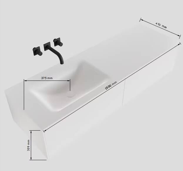 Mondiaz Lagom Cloud White badmeubel wit mat 150 cm 2 lades solid surface enkele spoelbak links 1 kraangat