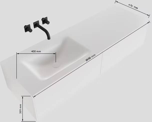 Mondiaz Lagom Cloud White badmeubel wit mat 160 cm 2 lades solid surface enkele spoelbak links 1 kraangat