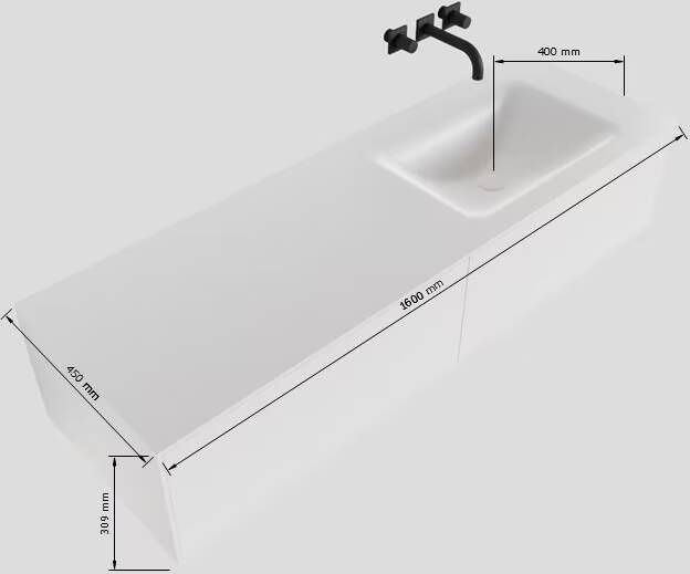 Mondiaz Lagom Cloud White badmeubel wit mat 160 cm 2 lades solid surface enkele spoelbak rechts 1 kraangat