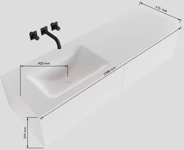 Mondiaz Lagom Cloud White badmeubel wit mat 170 cm 2 lades solid surface enkele spoelbak links 1 kraangat