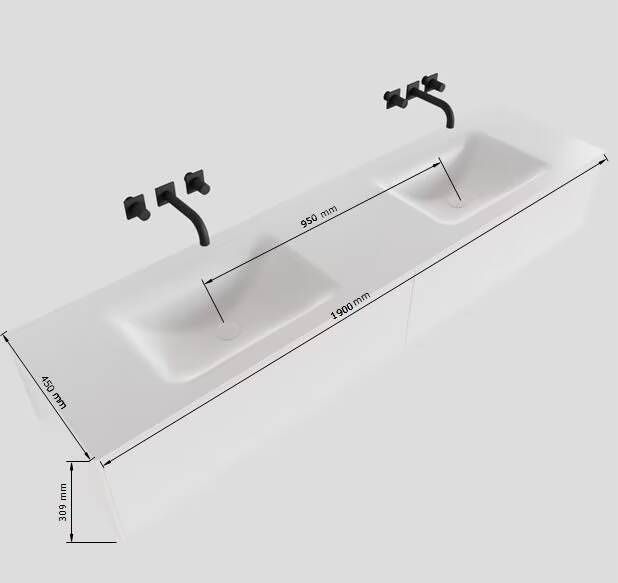 Mondiaz Lagom Cloud White badmeubel wit mat 190 cm 2 lades solid surface dubbele spoelbak 2 kraangaten