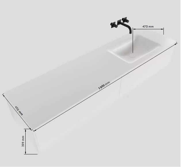 Mondiaz Lagom Cloud White badmeubel wit mat 190 cm 2 lades solid surface enkele spoelbak rechts 1 kraangat