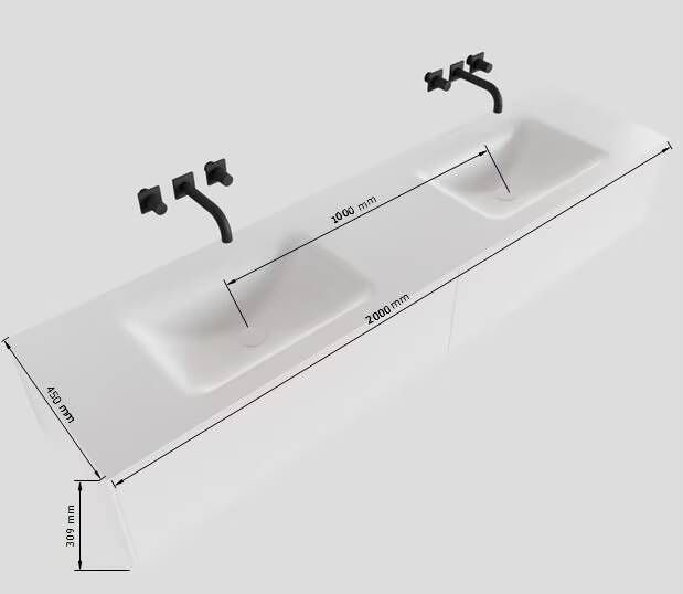 Mondiaz Lagom Cloud White badmeubel wit mat 200 cm 2 lades solid surface dubbele spoelbak 2 kraangaten