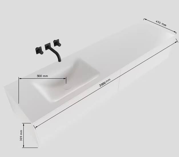 Mondiaz Lagom Cloud White badmeubel wit mat 200 cm 2 lades solid surface enkele spoelbak links 1 kraangat