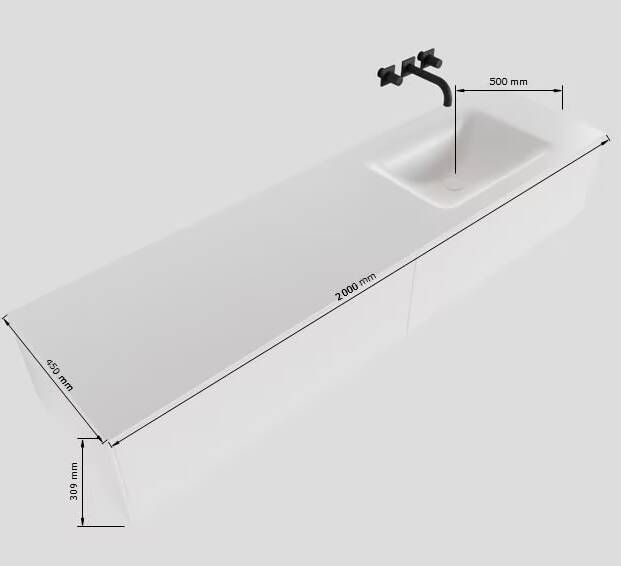 Mondiaz Lagom Cloud White badmeubel wit mat 200 cm 2 lades solid surface enkele spoelbak rechts 1 kraangat