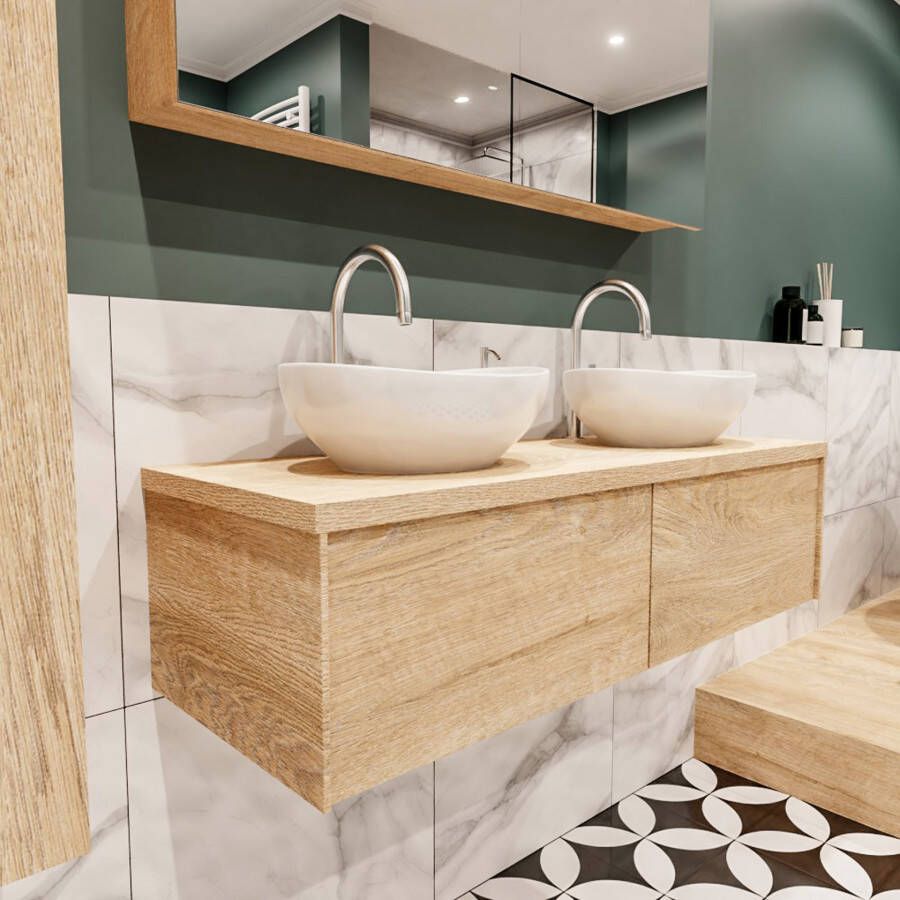 Mondiaz Lush Barco badmeubel eiken licht 120 cm 2 lades mdf 2 waskommen beide zijden 2 kraangaten