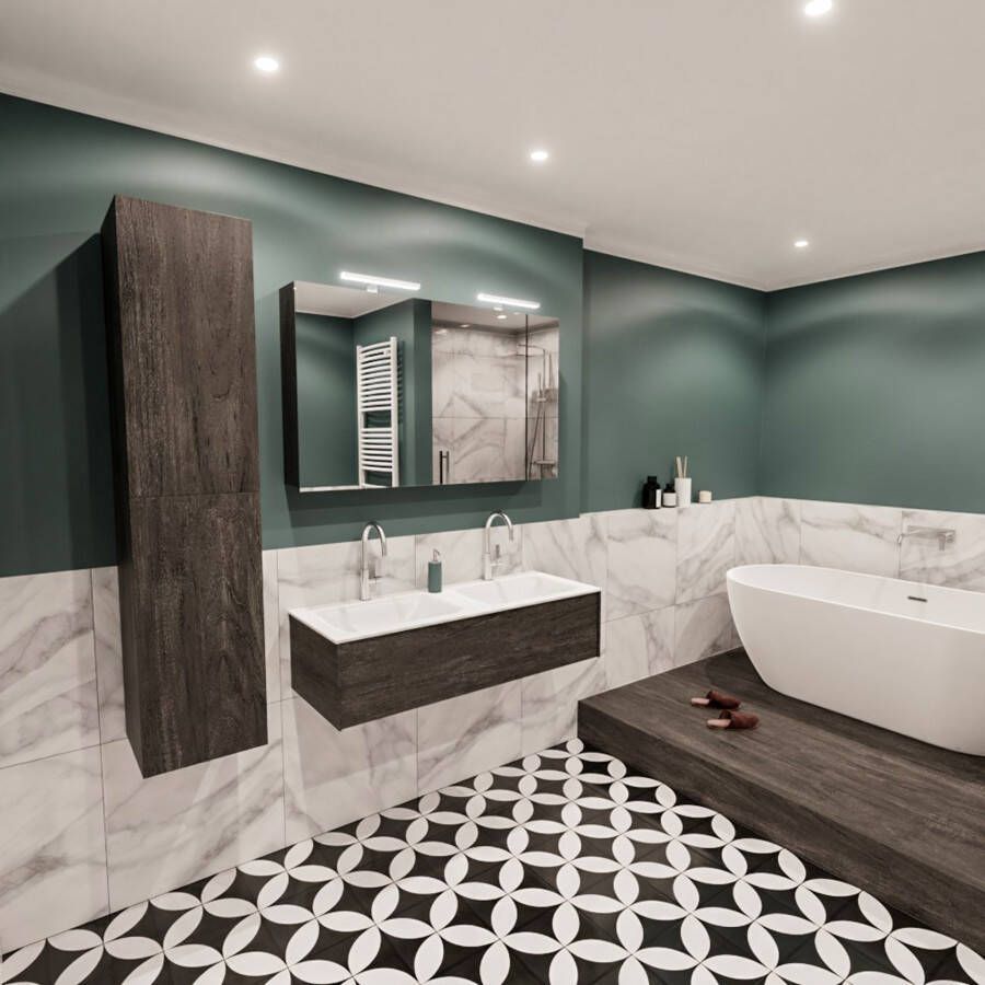 Mondiaz Lush Cloud badmeubel eiken donker bruin 120 cm 1 lade solid surface dubbele spoelbak 2 kraangaten