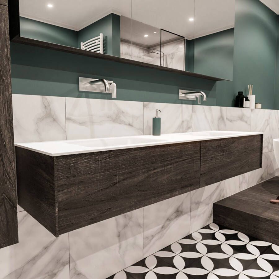 Mondiaz Lush Cloud badmeubel eiken donker bruin 180 cm 2 lades solid surface dubbele spoelbak zonder kraangat