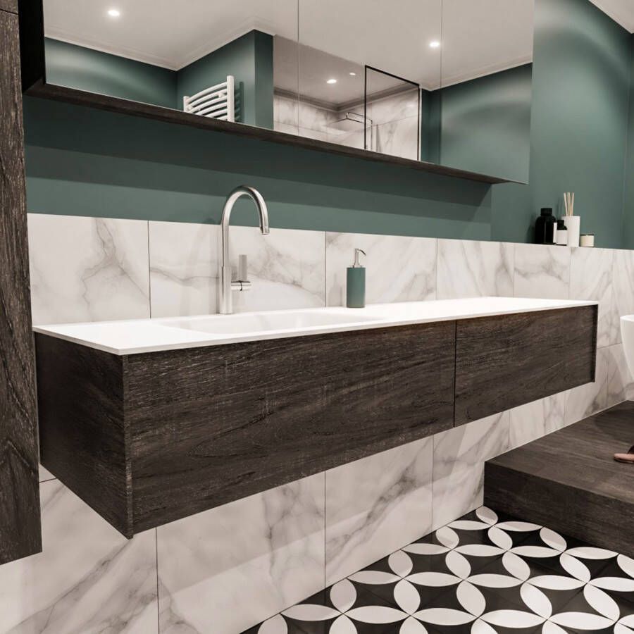 Mondiaz Lush Cloud badmeubel eiken donker bruin 180 cm 2 lades solid surface enkele spoelbak links 1 kraangat