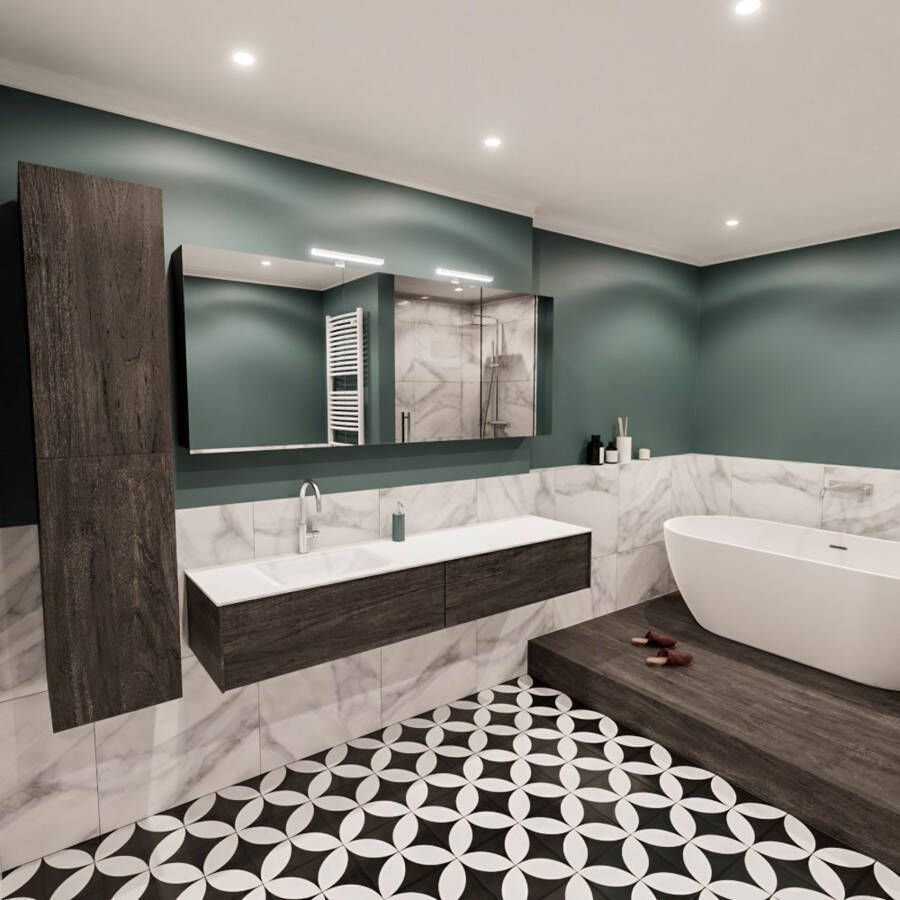 Mondiaz Lush Cloud badmeubel eiken donker bruin 180 cm 2 lades solid surface enkele spoelbak links 1 kraangat