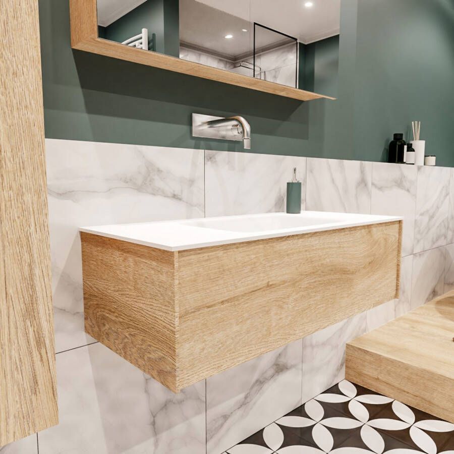 Mondiaz Lush Cloud badmeubel eiken licht 100 cm 1 lade solid surface enkele spoelbak midden zonder kraangat