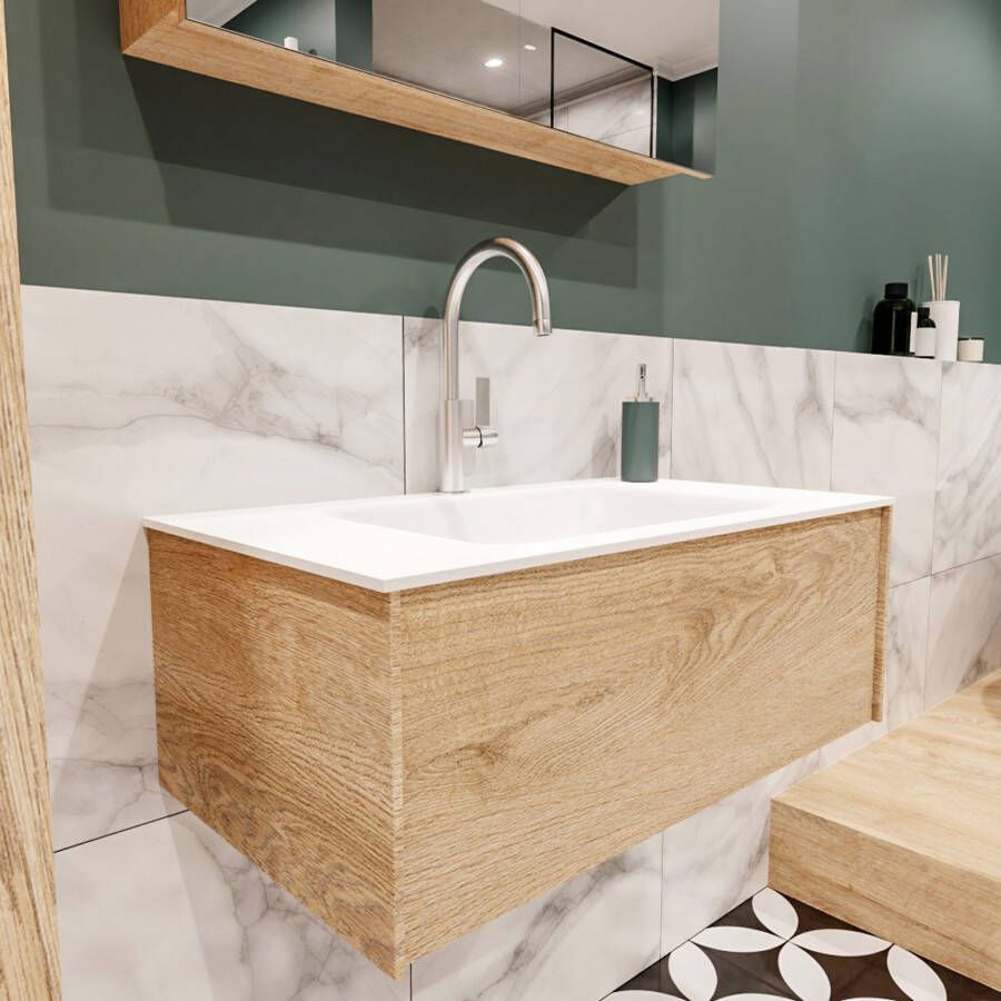 Mondiaz Lush Cloud badmeubel eiken licht 80 cm 1 lade solid surface enkele spoelbak midden 1 kraangat