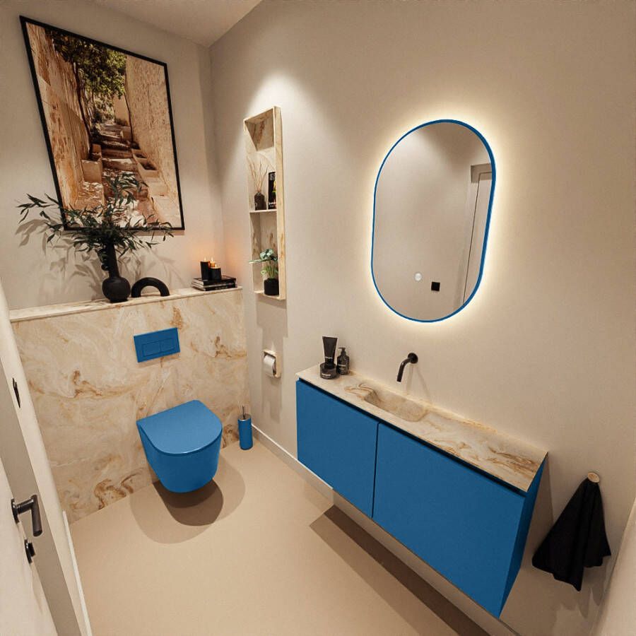 Mondiaz Toiletmeubel Ture Dlux | 100 cm | Meubelkleur Jeans | Eden wastafel Frappe Midden | Zonder kraangat