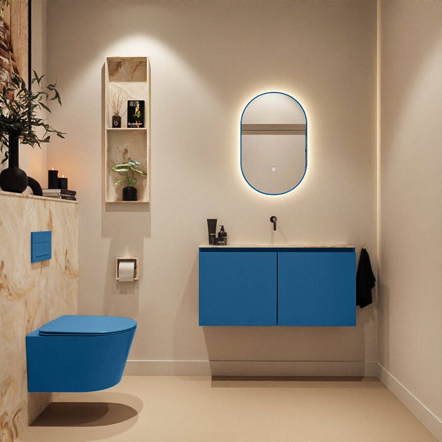 Mondiaz Toiletmeubel Ture Dlux | 100 cm | Meubelkleur Jeans | Eden wastafel Frappe Midden | Zonder kraangat