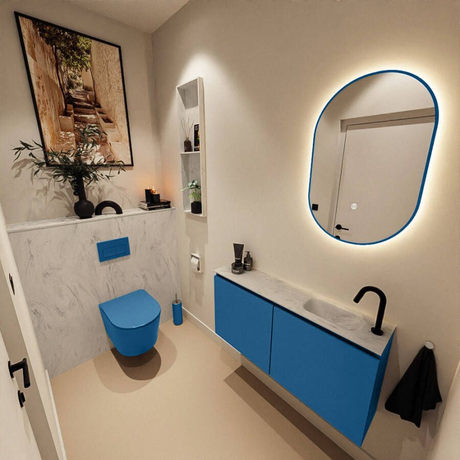 Mondiaz Toiletmeubel Ture Dlux | 100 cm | Meubelkleur Jeans | Eden wastafel Opalo Rechts | 1 kraangat