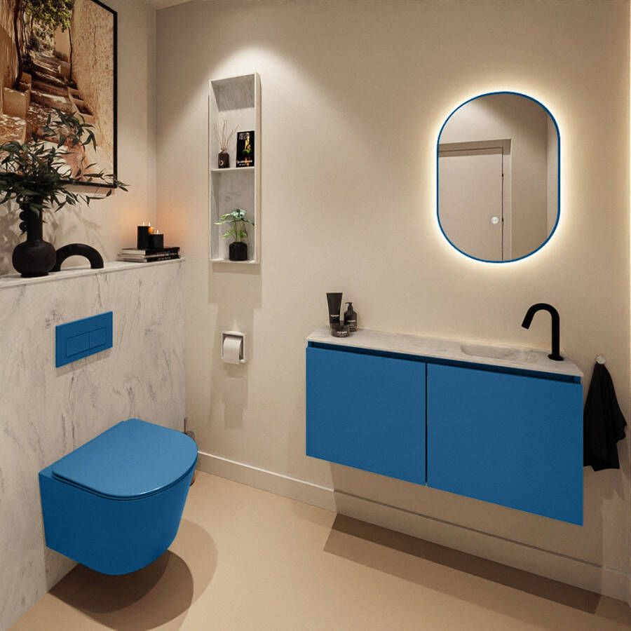 Mondiaz Toiletmeubel Ture Dlux | 100 cm | Meubelkleur Jeans | Eden wastafel Opalo Rechts | 1 kraangat