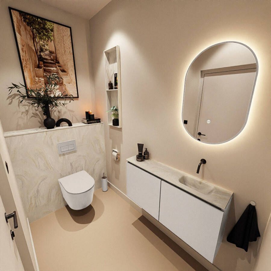 Mondiaz Toiletmeubel Ture Dlux | 100 cm | Meubelkleur Linen | Eden wastafel Ostra Rechts | Zonder kraangat