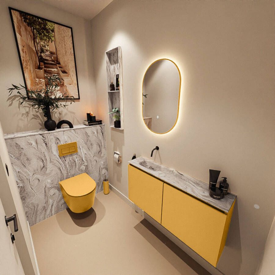 Mondiaz Toiletmeubel Ture Dlux | 100 cm | Meubelkleur Ocher | Eden wastafel Glace Links | Zonder kraangat