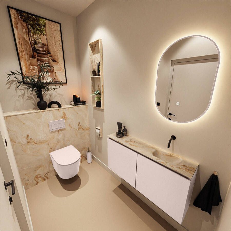 Mondiaz Toiletmeubel Ture Dlux | 100 cm | Meubelkleur Rosee | Eden wastafel Frappe Rechts | Zonder kraangat