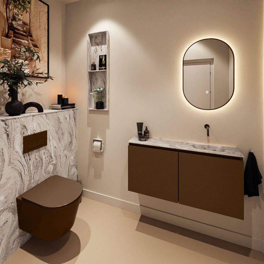 Mondiaz Toiletmeubel Ture Dlux | 100 cm | Meubelkleur Rust | Eden wastafel Glace Rechts | Zonder kraangat