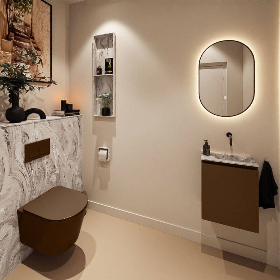 Mondiaz Toiletmeubel Ture Dlux | 40 cm | Meubelkleur Rust | Eden wastafel Glace Rechts | Zonder kraangat