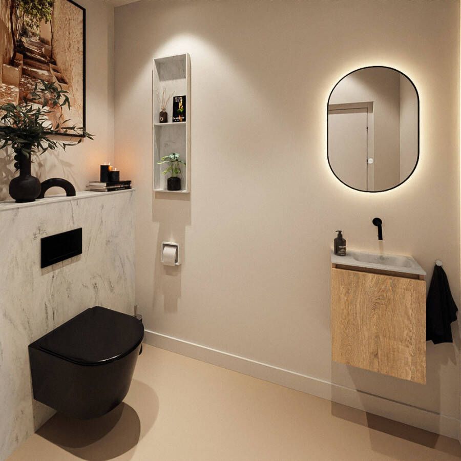 Mondiaz Toiletmeubel Ture Dlux | 40 cm | Meubelkleur Washed Oak | Eden wastafel Opalo Rechts | Zonder kraangat