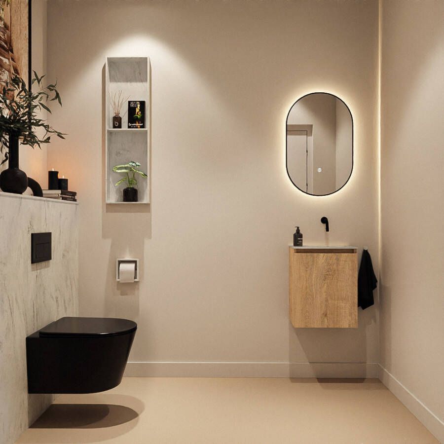 Mondiaz Toiletmeubel Ture Dlux | 40 cm | Meubelkleur Washed Oak | Eden wastafel Opalo Rechts | Zonder kraangat