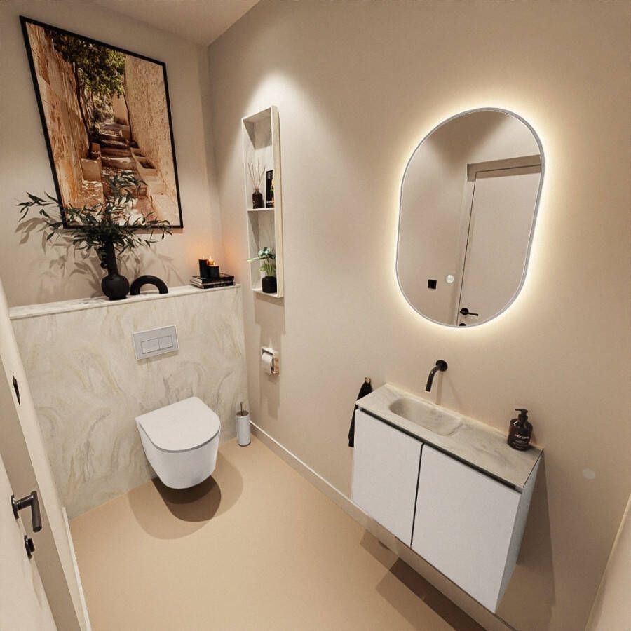 Mondiaz Toiletmeubel Ture Dlux | 60 cm | Meubelkleur Linen | Eden wastafel Ostra Links | Zonder kraangat