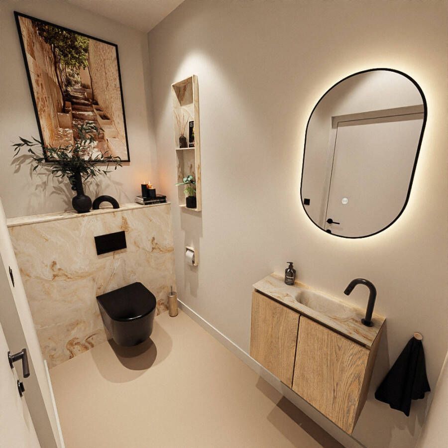 Mondiaz Toiletmeubel Ture Dlux | 60 cm | Meubelkleur Washed Oak | Eden wastafel Frappe Rechts | 1 kraangat