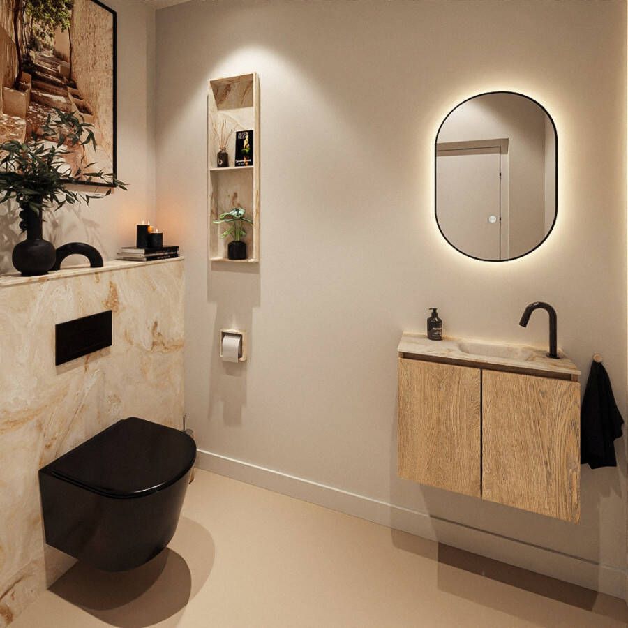 Mondiaz Toiletmeubel Ture Dlux | 60 cm | Meubelkleur Washed Oak | Eden wastafel Frappe Rechts | 1 kraangat