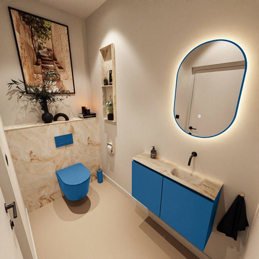 Mondiaz Toiletmeubel Ture Dlux | 80 cm | Meubelkleur Jeans | Eden wastafel Frappe Rechts | Zonder kraangat