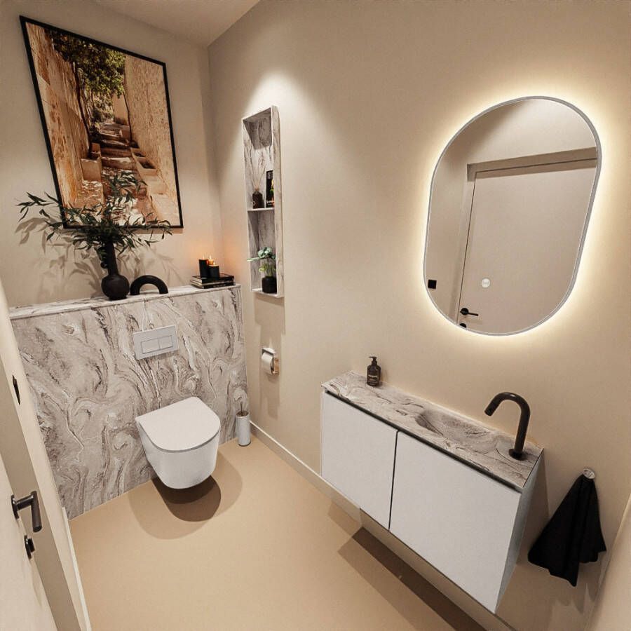 Mondiaz Toiletmeubel Ture Dlux | 80 cm | Meubelkleur Linen | Eden wastafel Glace Rechts | 1 kraangat
