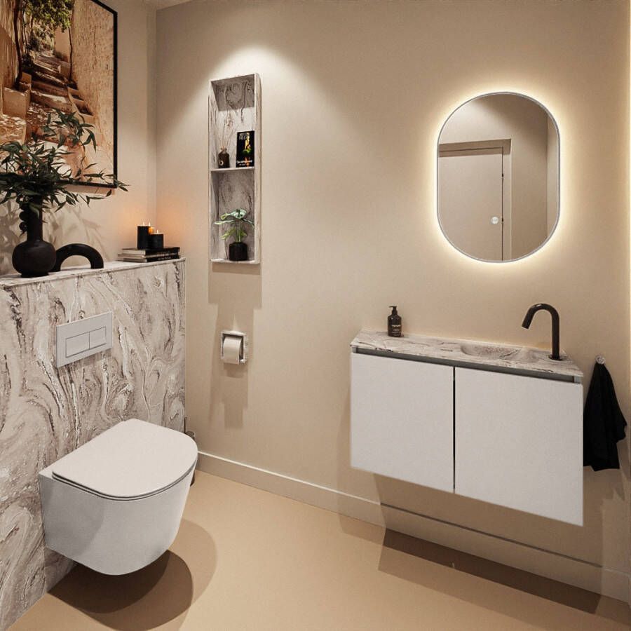 Mondiaz Toiletmeubel Ture Dlux | 80 cm | Meubelkleur Linen | Eden wastafel Glace Rechts | 1 kraangat