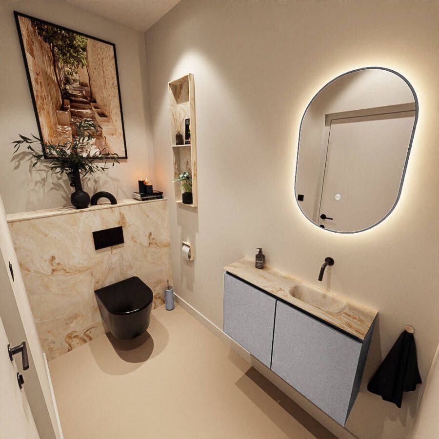 Mondiaz Toiletmeubel Ture Dlux | 80 cm | Meubelkleur Plata | Eden wastafel Frappe Rechts | Zonder kraangat