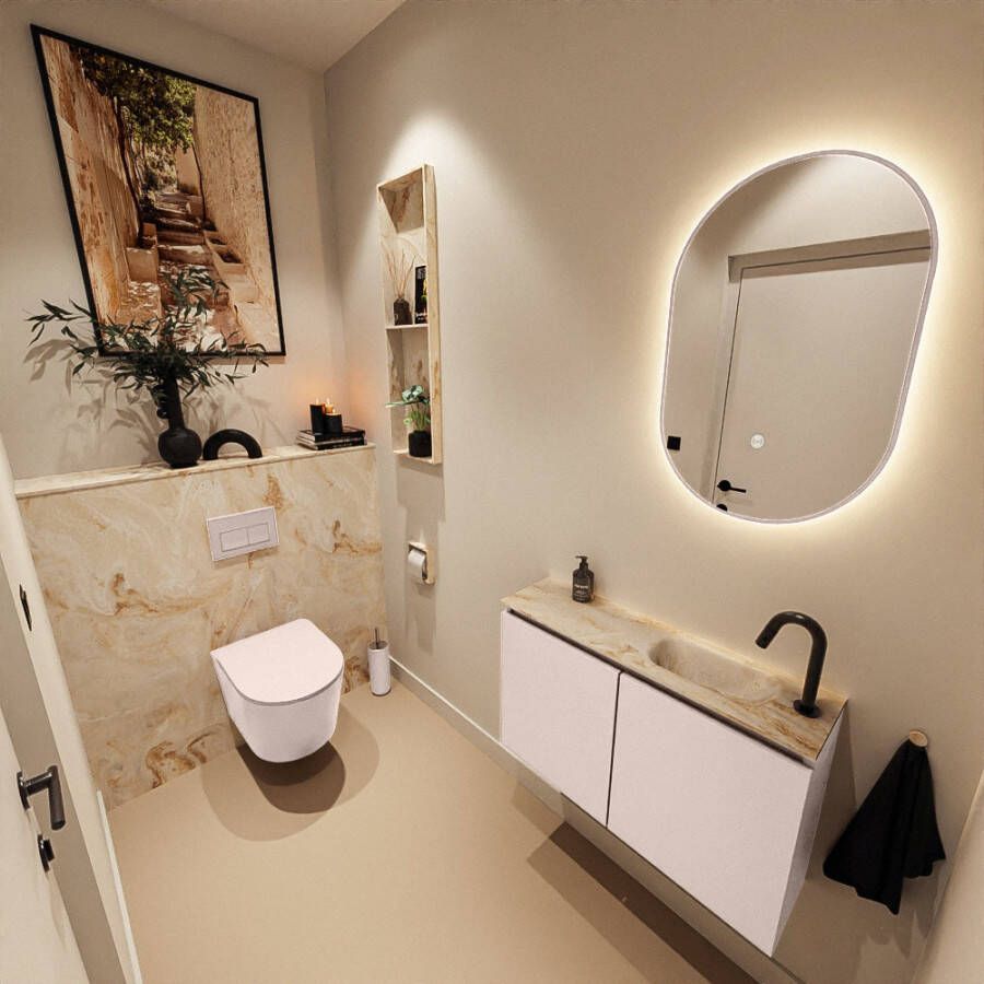 Mondiaz Toiletmeubel Ture Dlux | 80 cm | Meubelkleur Rosee | Eden wastafel Frappe Rechts | 1 kraangat
