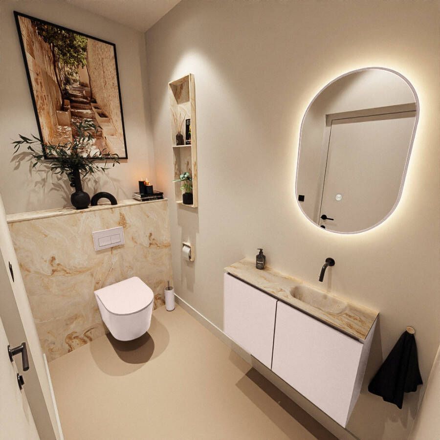 Mondiaz Toiletmeubel Ture Dlux | 80 cm | Meubelkleur Rosee | Eden wastafel Frappe Rechts | Zonder kraangat