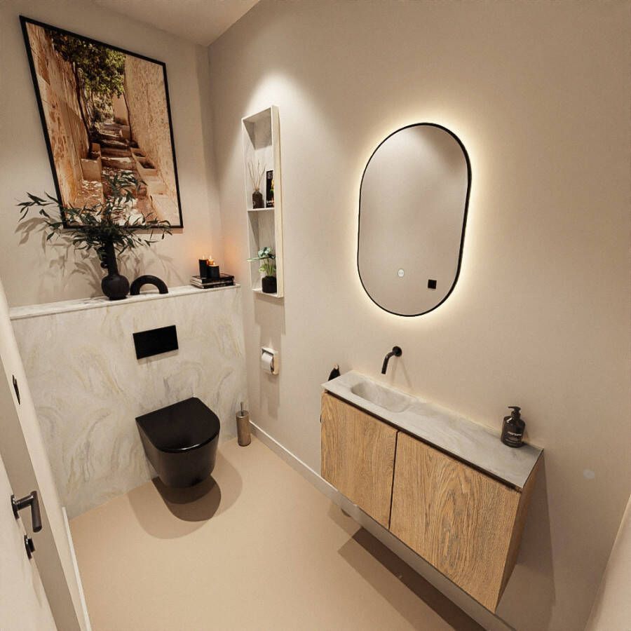 Mondiaz Toiletmeubel Ture Dlux | 80 cm | Meubelkleur Washed Oak | Eden wastafel Ostra Links | Zonder kraangat